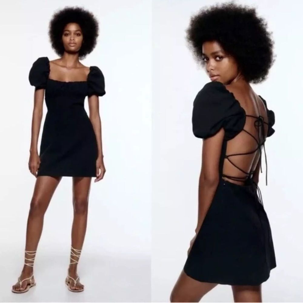 Zara puff sleeves lace back mini dress